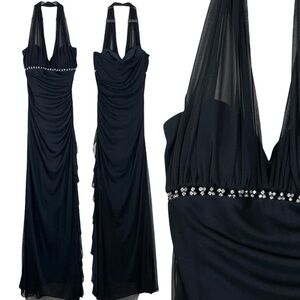 Vtg Y2K Cache Rhinestone Halter Ruched Ruffle Formal Evening Dress Black Size 6